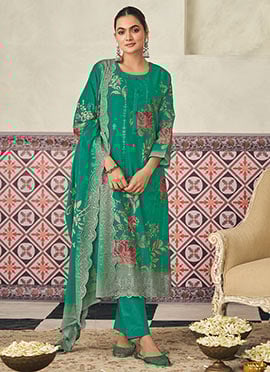 Green Cotton Digital Print Straight Pant Suit