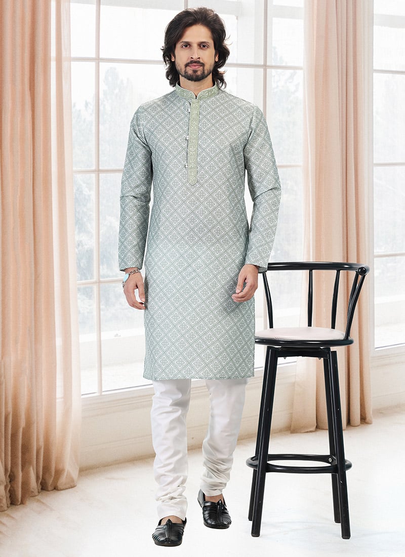 Green Cotton Digital Printed Kurta Pyjama Festive Wear