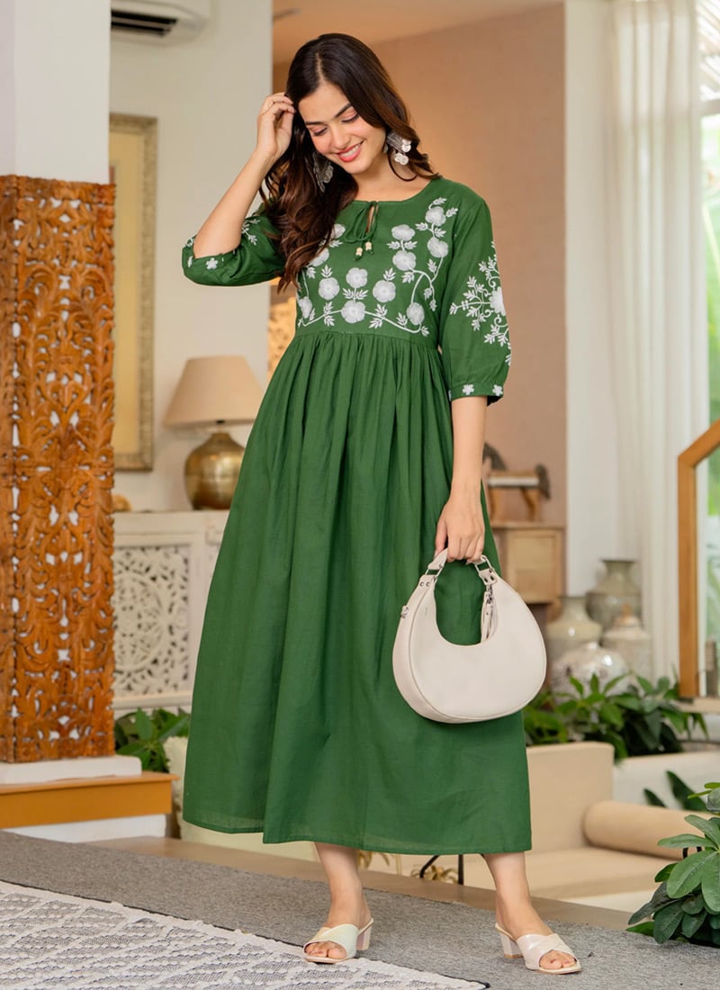 Green Cotton Embroidered Anarkali Kurti After Six Wear