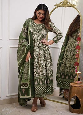 Green Cotton Embroidered And Printed Angarkha Style Anarkali Suit
