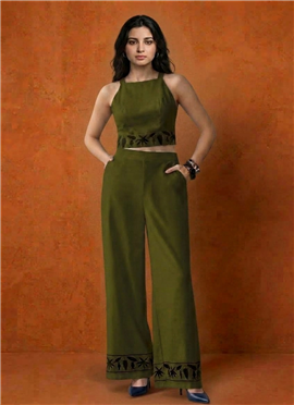 Green Cotton Embroidered Crop Top Co-ord Set