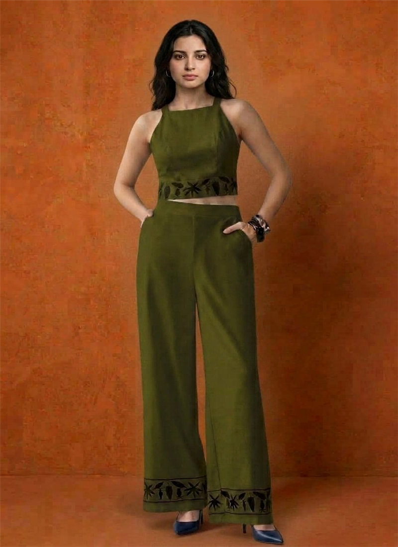 Green Cotton Embroidered Crop Top Co-ord Set Work Wear