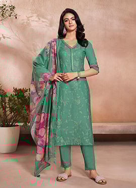 Green Cotton Embroidered Digital Print Straight Pant Suit