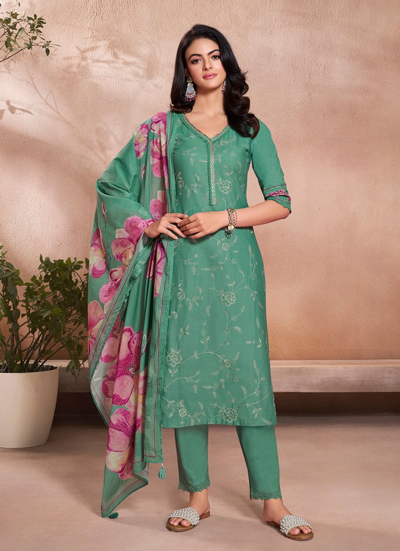 Green Cotton Embroidered Digital Print Straight Pant Suit Festive Wear