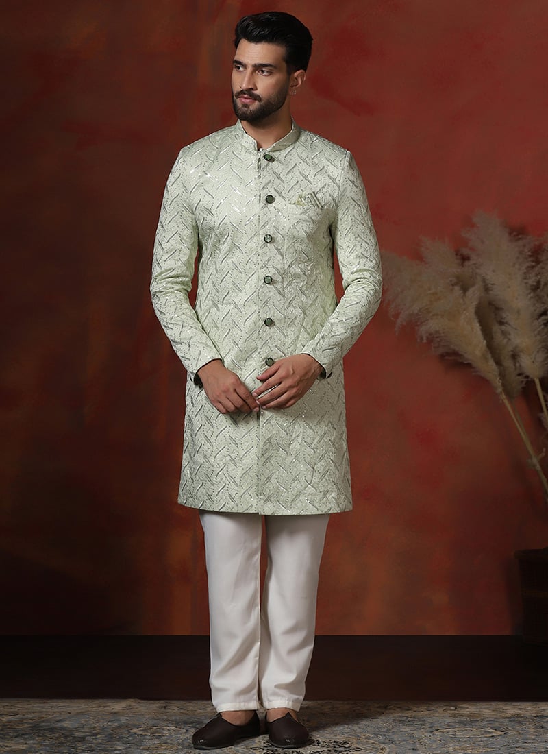 Green Cotton Embroidered Indowestern Sherwani Set Wedding Wear
