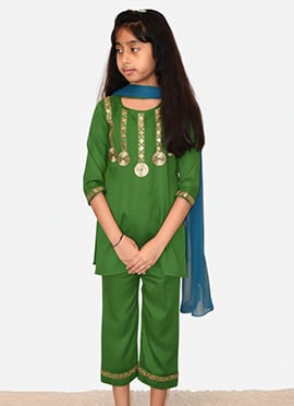 Green Cotton Embroidered Kids Girls Straight Pant Suit
