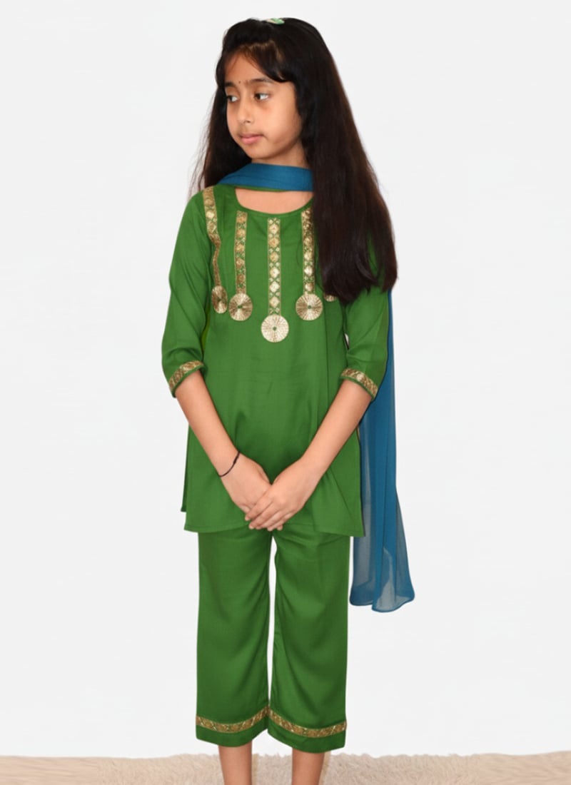 Green Cotton Embroidered Kids Girls Straight Pant Suit Festive Wear