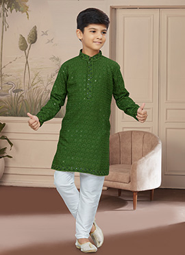 Green Cotton Embroidered Kurta Pyjama for Boys