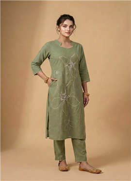 Green Cotton Embroidered Kurta Set