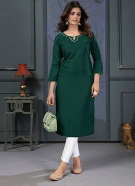 Green Cotton Embroidered Mirror Embossed Simple Kurti For Women