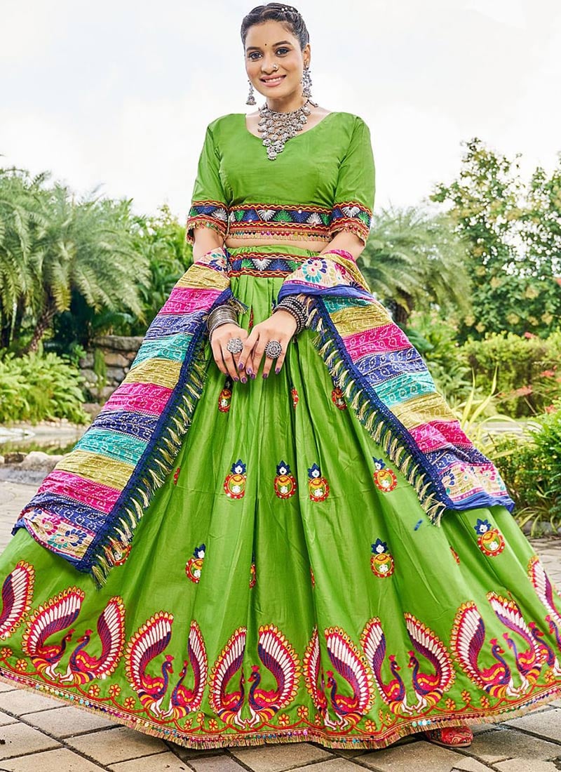 Green Cotton Embroidered Kutch Work Chaniya Choli Traditional Festive Wear-GHSRK191875