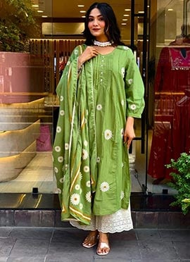 Green Cotton Embroidered Palazzo Suit