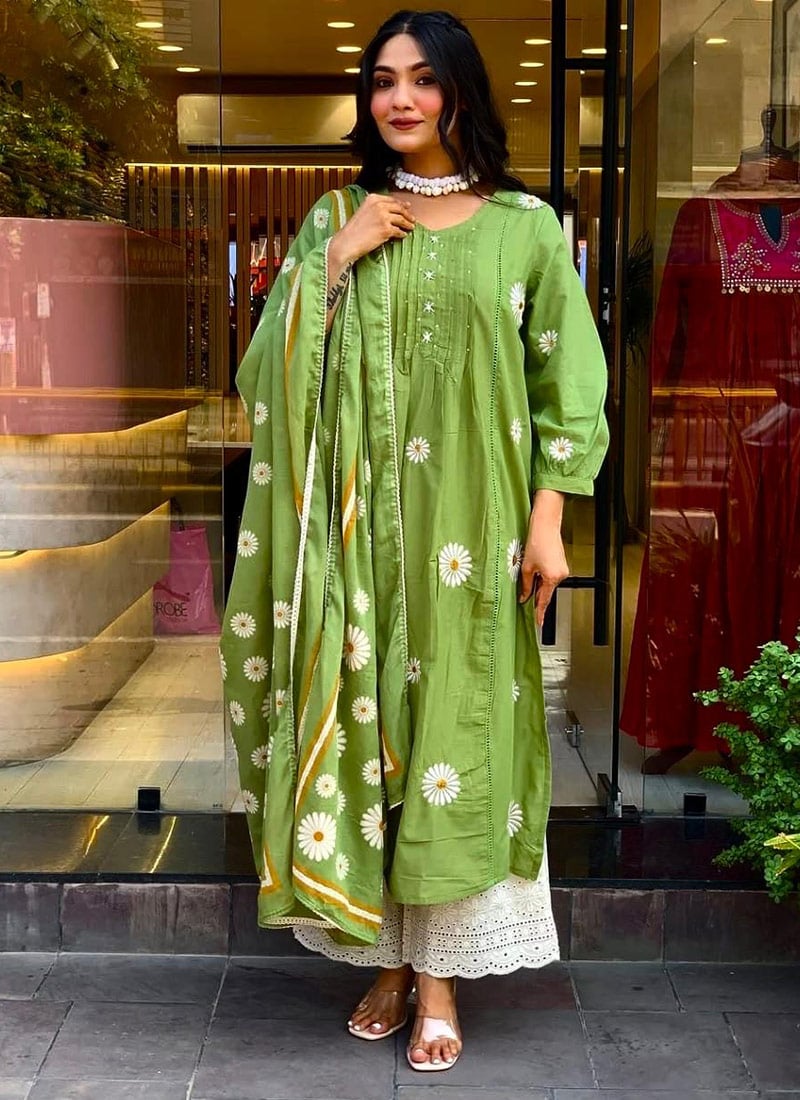 Green Cotton Embroidered Palazzo Suit Festive Wear