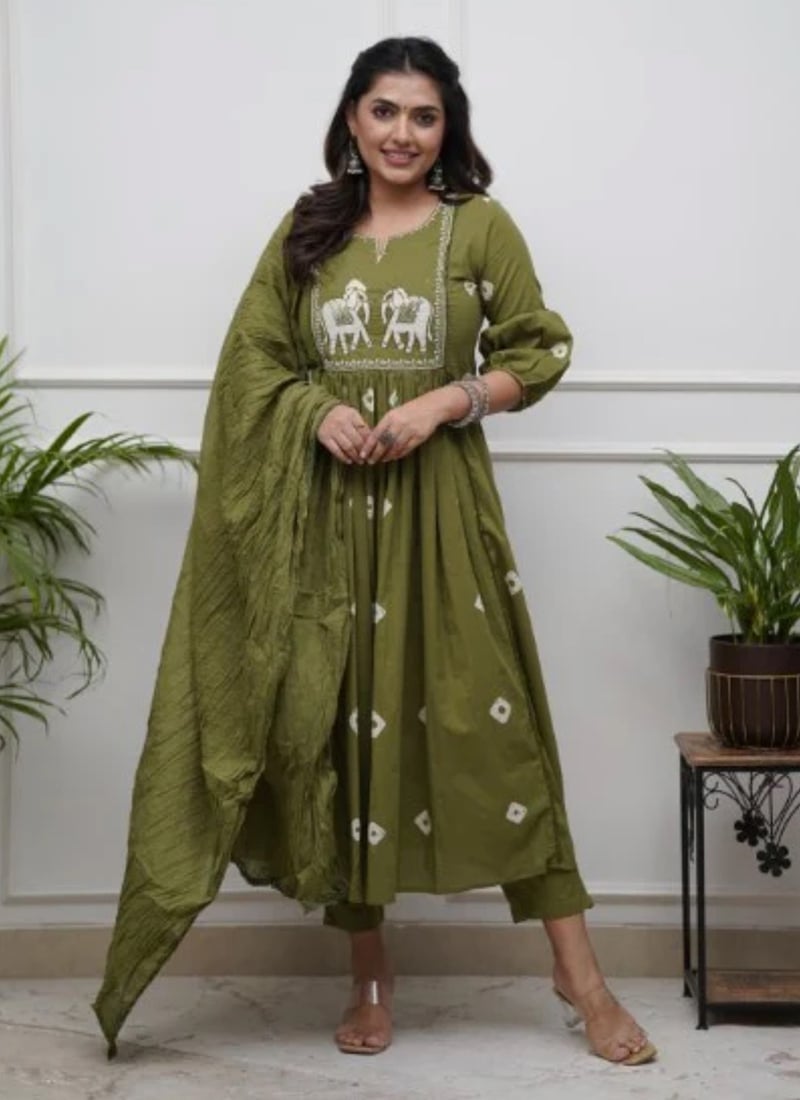 Green Cotton Embroidered Printed Straight Pant Suit After Six Wear