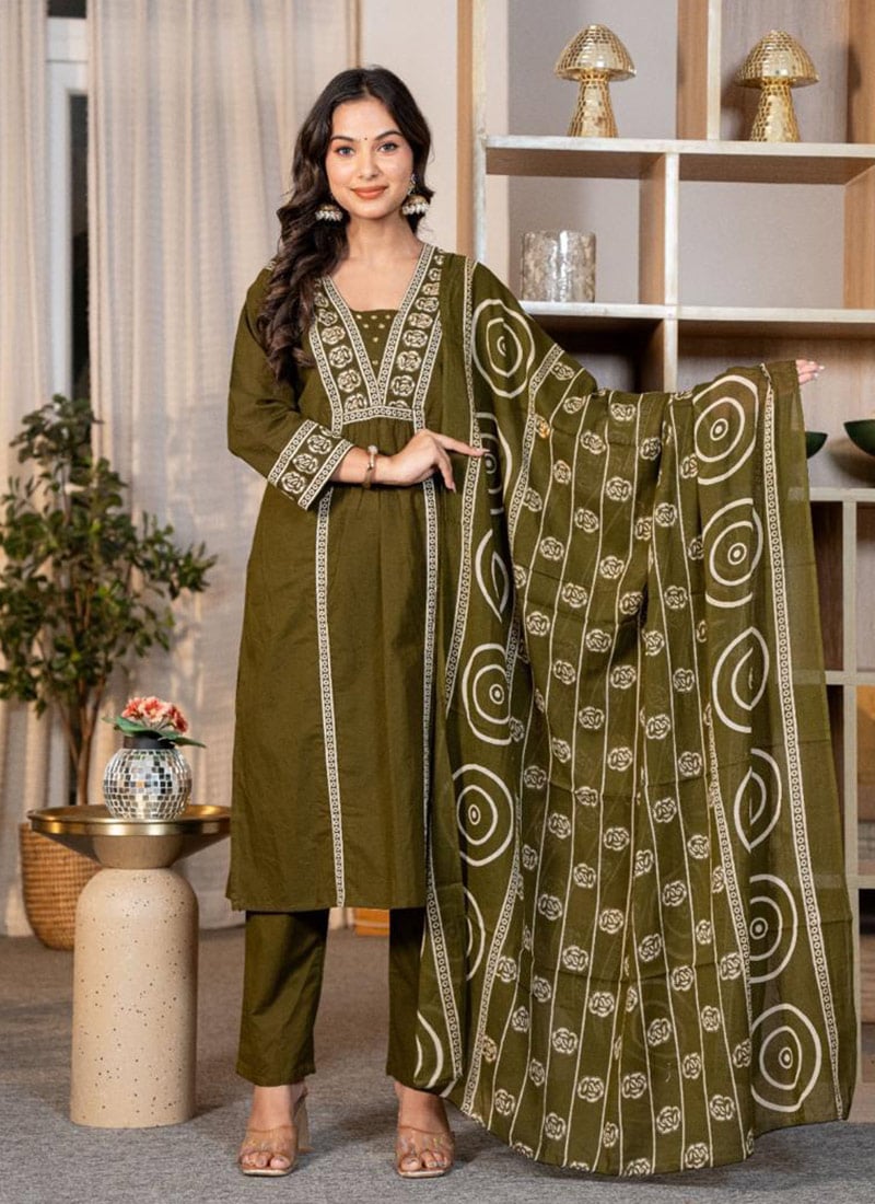 Green Cotton Embroidered Printed Straight Pant Suit After Six Wear