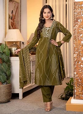 Green Cotton Embroidered Printed Straight Pant Suit