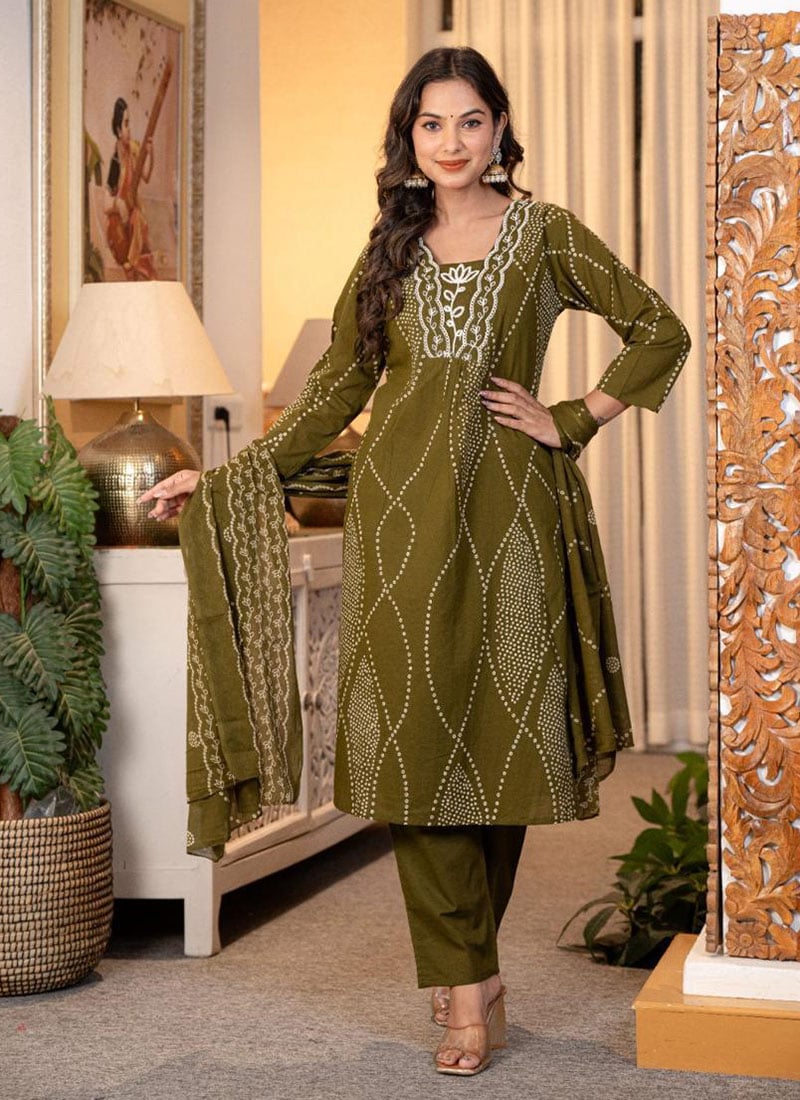 Green Cotton Embroidered Printed Straight Pant Suit After Six Wear