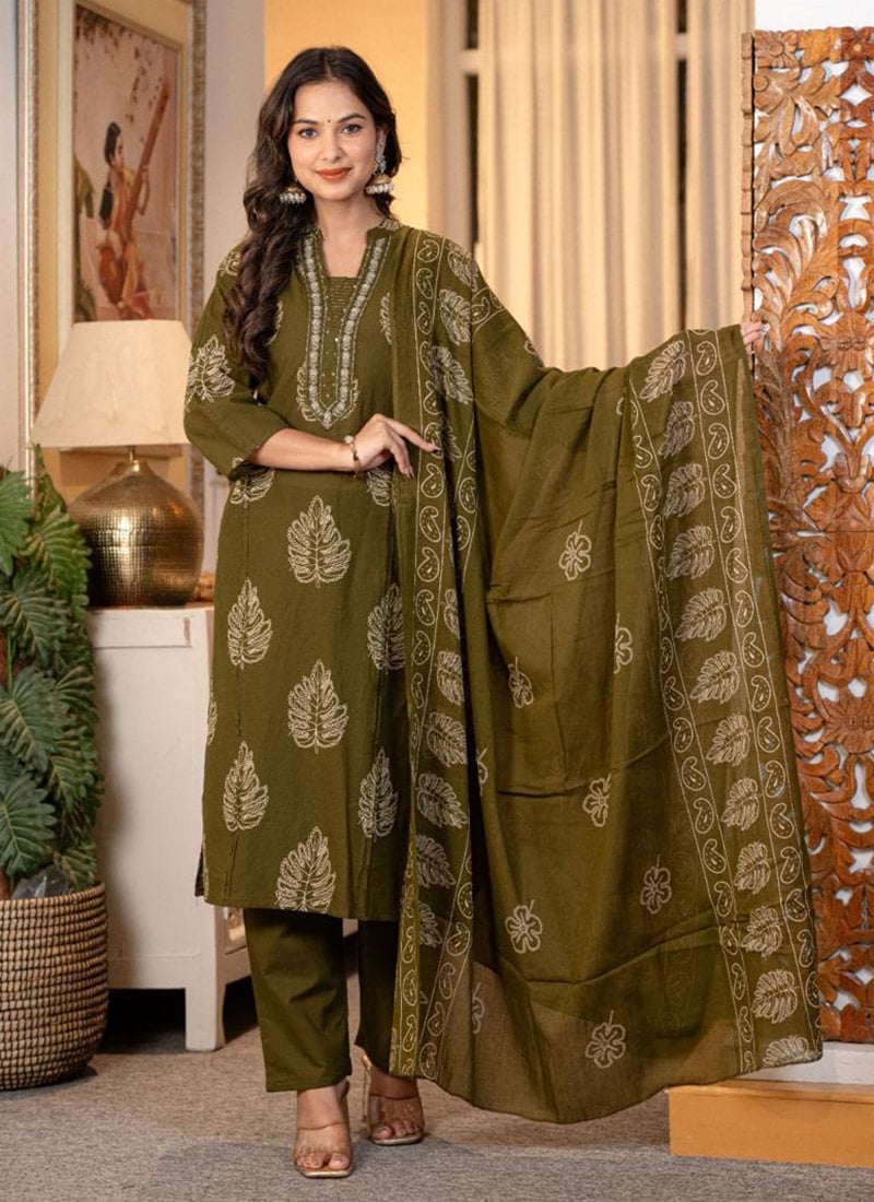 Green Cotton Embroidered Printed Straight Pant Suit After Six Wear