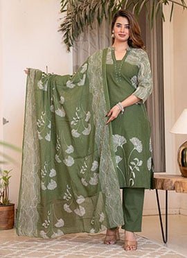Green Cotton Embroidered Printed Straight Pant Suit