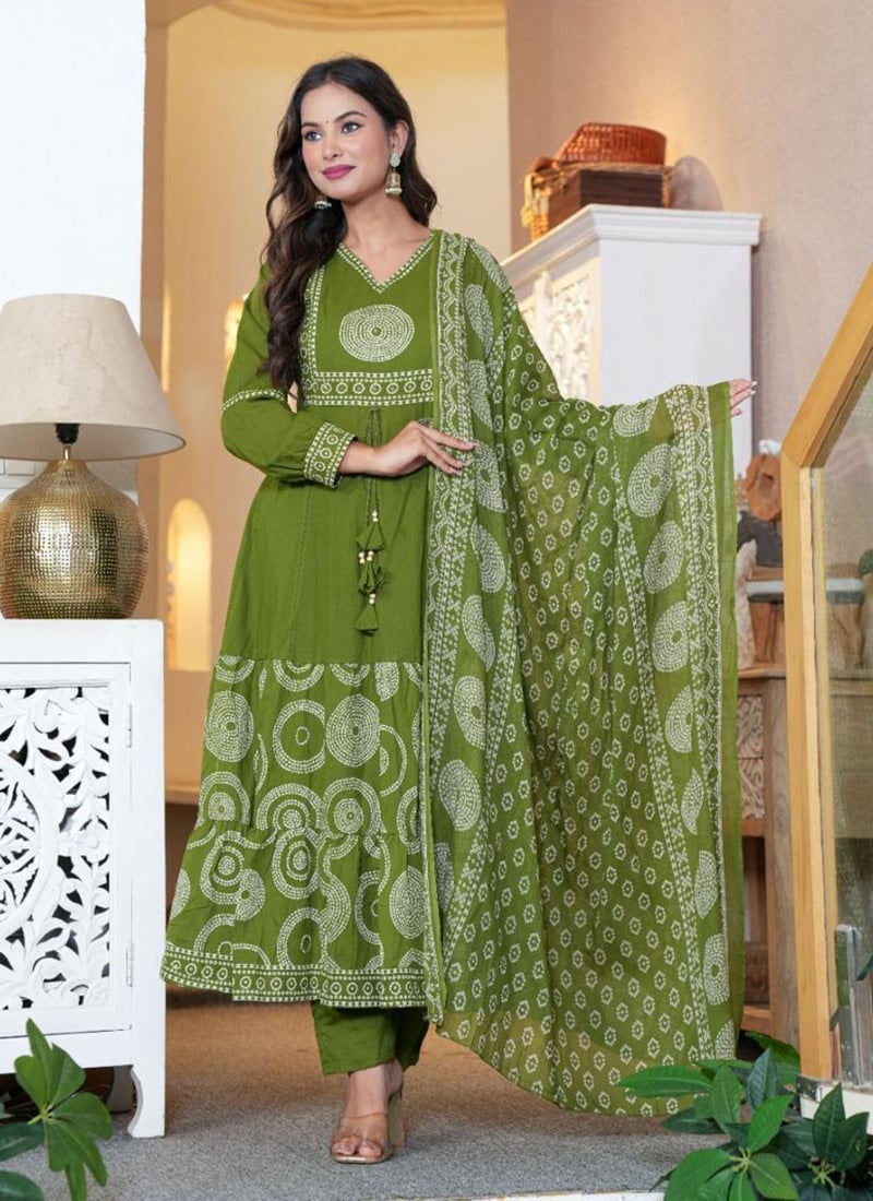 Green Cotton Embroidered Printed Straight Pant Suit After Six Wear