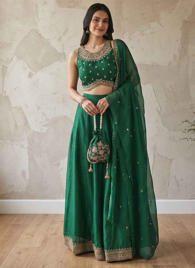 Green Cotton Embroidered Sequins Lehenga After Six Wear