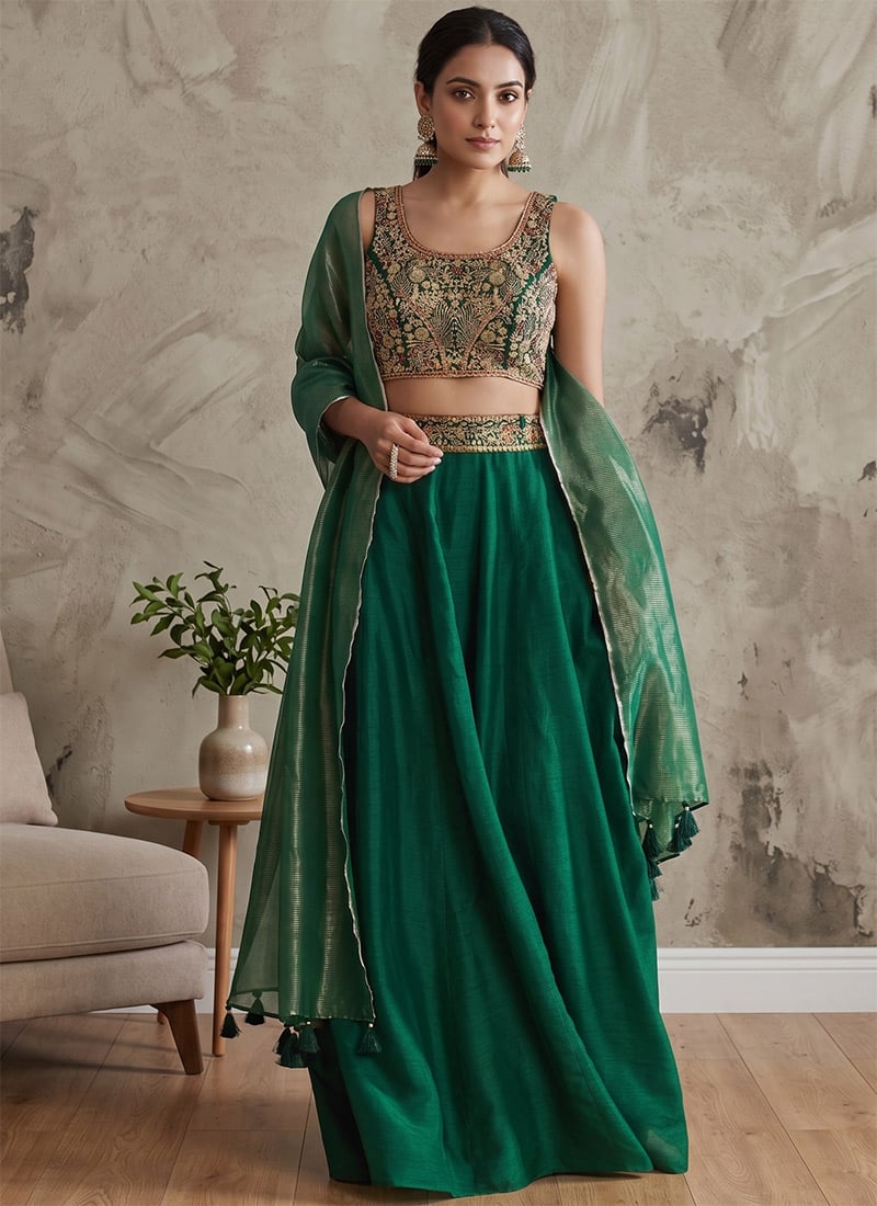 Green Cotton Embroidered Sequins Lehenga After Six Wear