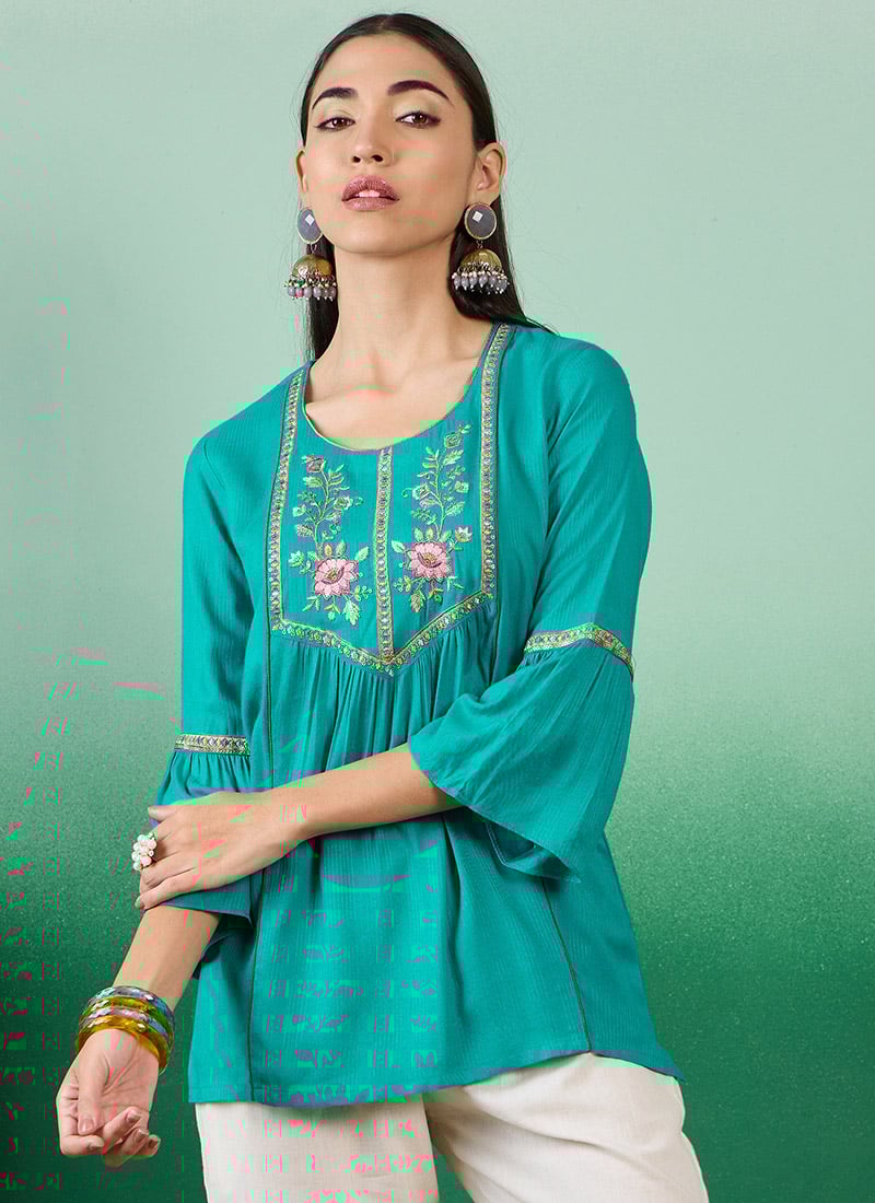 Green Cotton Embroidered Short Top