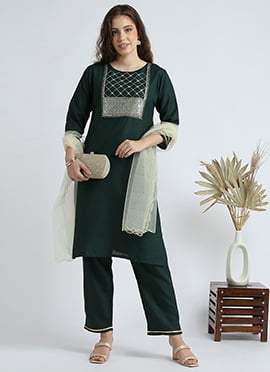 Green Cotton Embroidered Straight Pant Suit