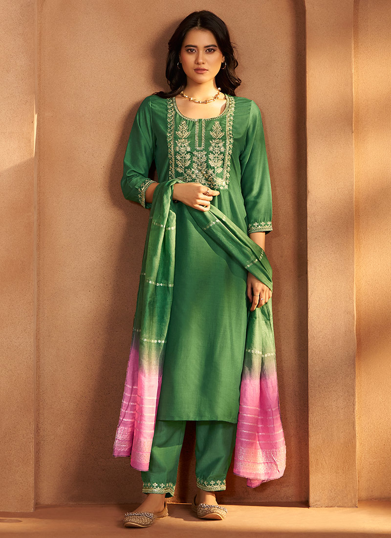 Green Cotton Embroidered Straight Pant Suit After Six Wear
