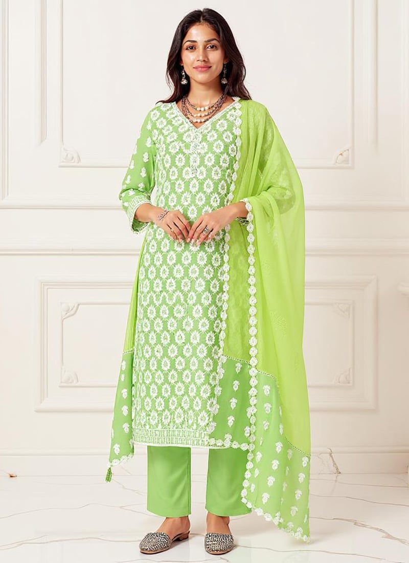 Green Cotton Embroidered Straight Pant Suit With Dupatta For Indian Women Party Wear