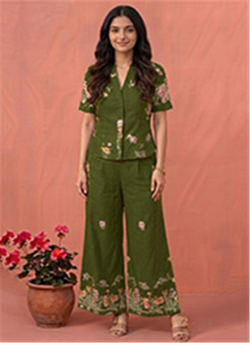 Green Cotton Floral Print Co Ord Set After Six Wear