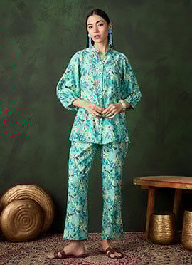Sea Green Cotton Floral Print Indowestern Co ord Set