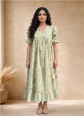 Green Cotton Floral Printed Tiered  Dress
