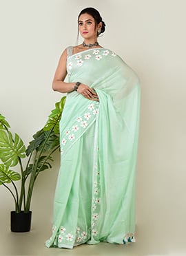 Green Cotton Hand Painted Saree