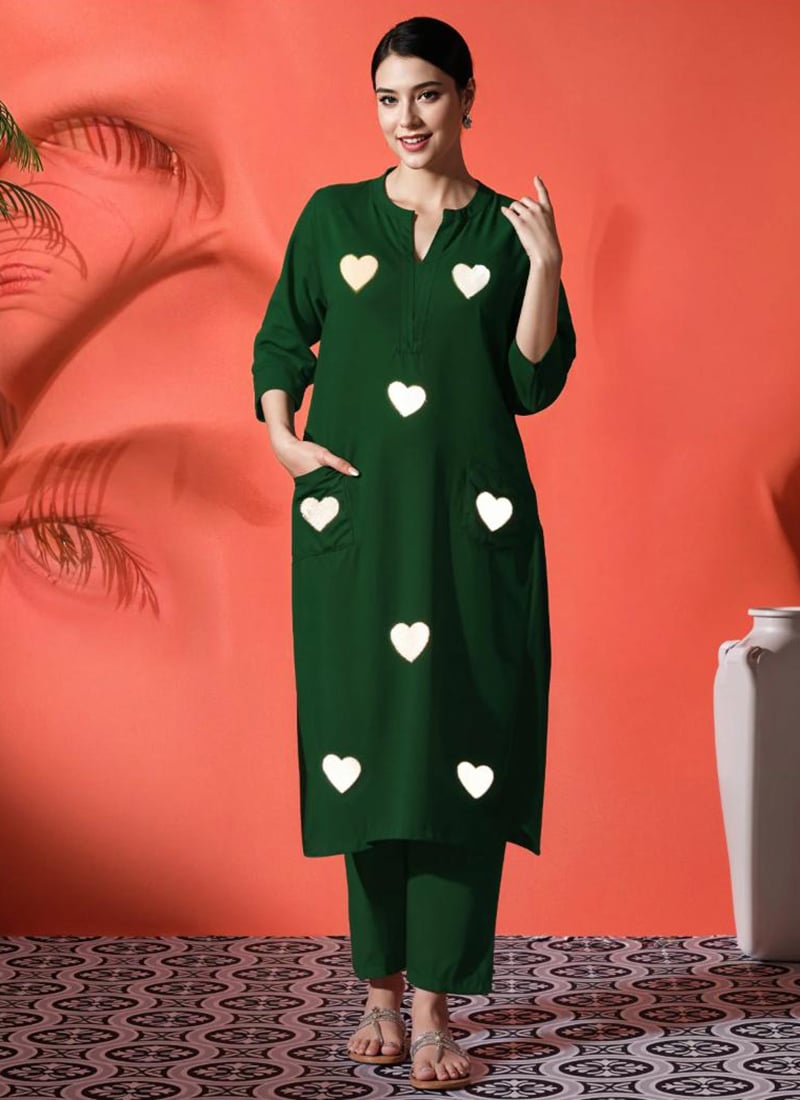 Green Cotton Heart Print Kurta Straight Pant Set After Six Wear