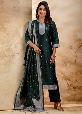 Green Cotton Jacquard Banarasi Straight Pant Suit