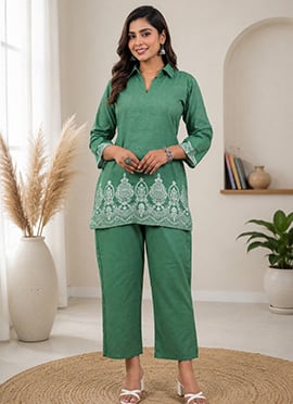 Green Cotton Jacquard Printed Co Ord Set
