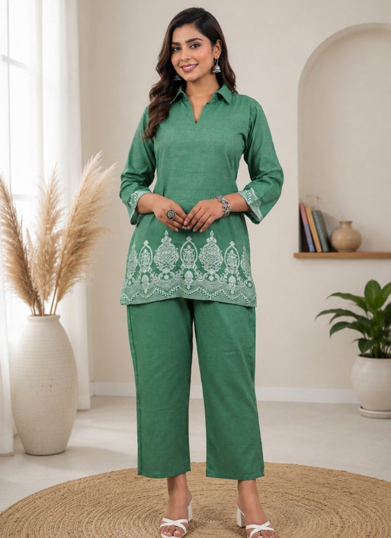 Green Cotton Jacquard Printed Co Ord Set Work Wear