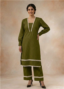 Green Cotton Lace Detailed Kurta Pant Set