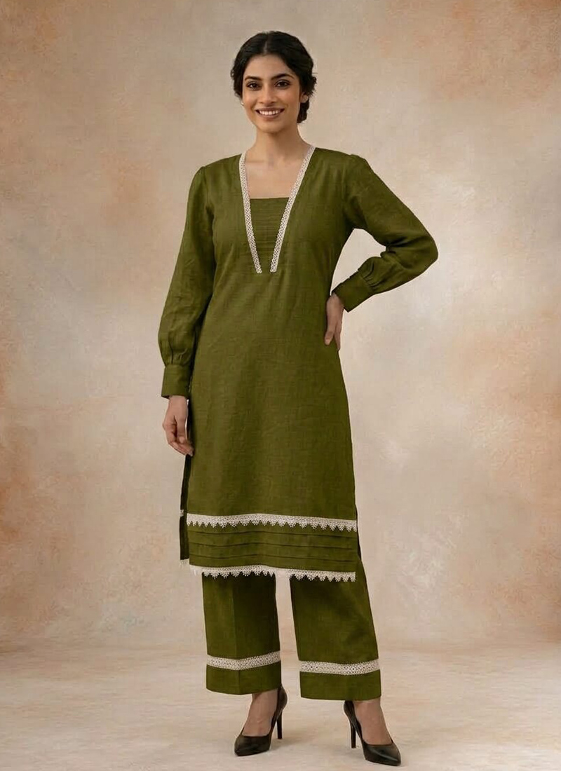 Green Cotton Lace Detailed Kurta Pant Set Festive Wear