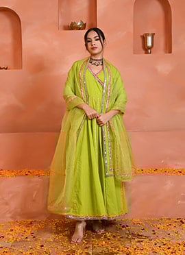 Green Cotton Mirror Lace Work Angarkha Style Anarkali Suit