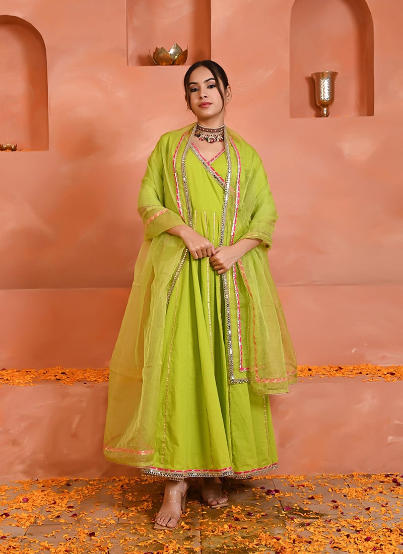 Green Cotton Mirror Lace Work Angarkha Style Anarkali Suit Festive Wear