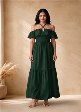 Green Cotton Off Shoulder Smocked Maxi Dress