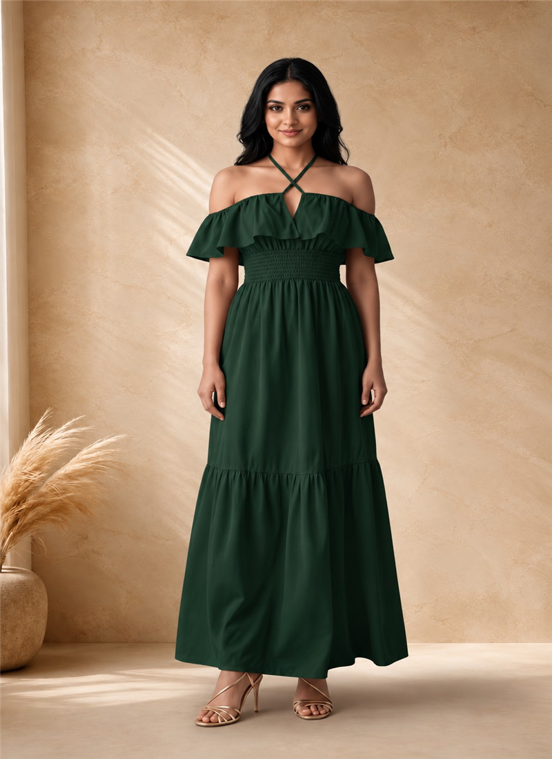 Green Cotton Off Shoulder Smocked Maxi Dress After Six Wear
