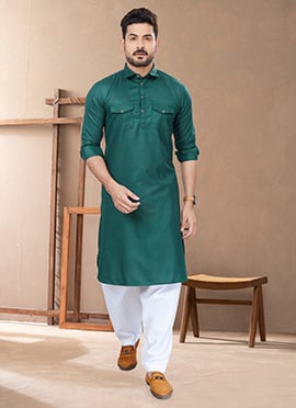 Green Cotton Pathani Set For Men