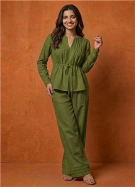 Green Cotton Pintuck Drawstring Co-ord Set