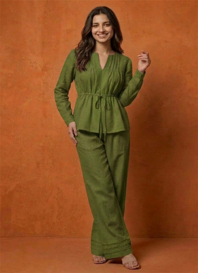 Green Cotton Pintuck Drawstring Co-ord Set Work Wear