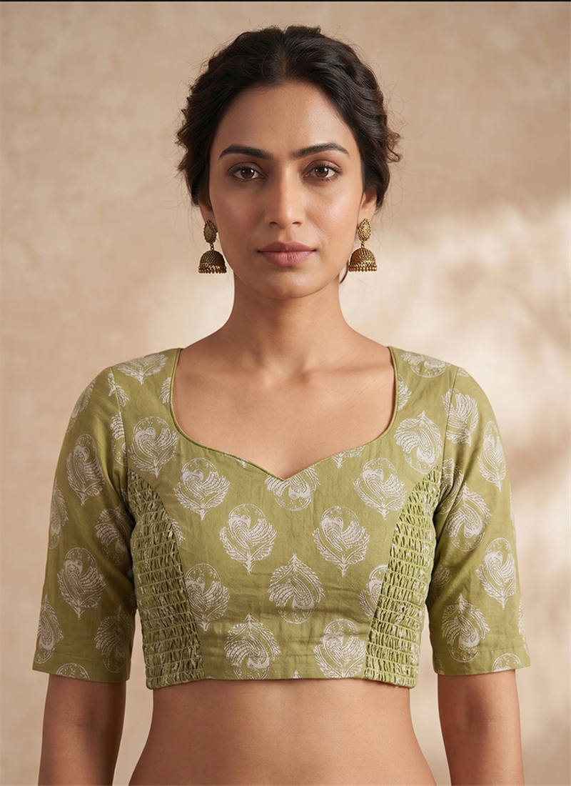 Green Cotton Printed Blouse Festive Wear