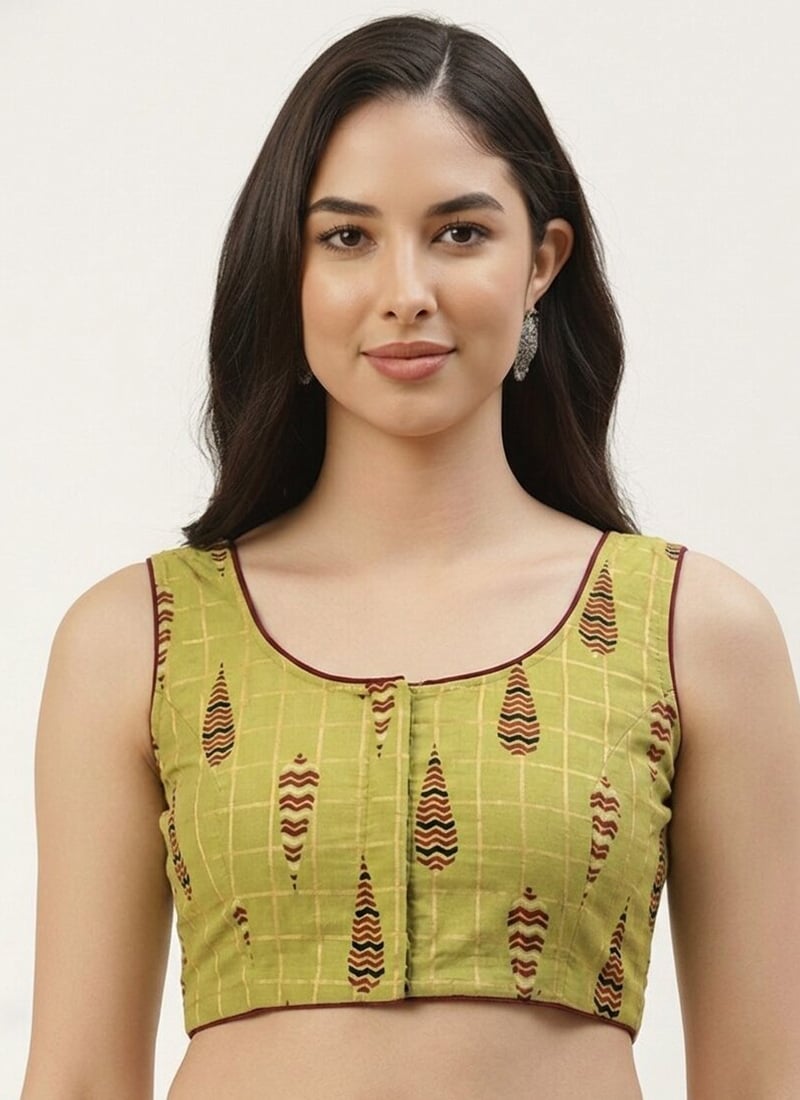 Green Cotton Printed Blouse Work Wear