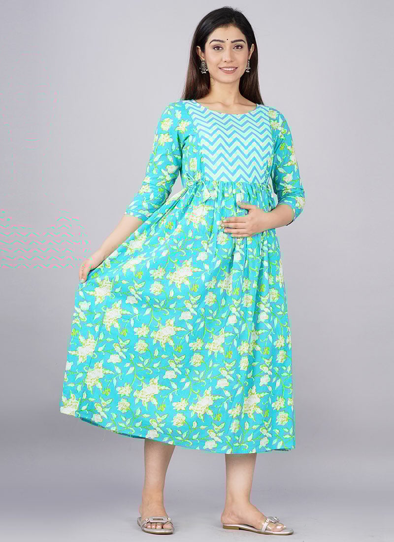 Green Cotton Printed Dress After Six Wear